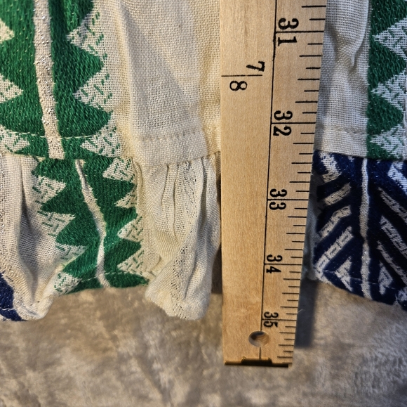 THML Flutter Fringe Sleeve Square Neck Chevron Print Blue Green Dress Size M - Picture 9 of 14